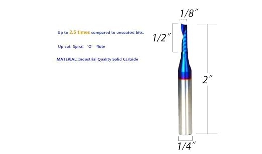O Single Flute Upcut Spiral End Mill CNC Router Bit with NACO Coating for Plastic Cutting with Mirror Finish (5, 1/8 D x 1/2 CH x 1/4 SHK x 2L)
