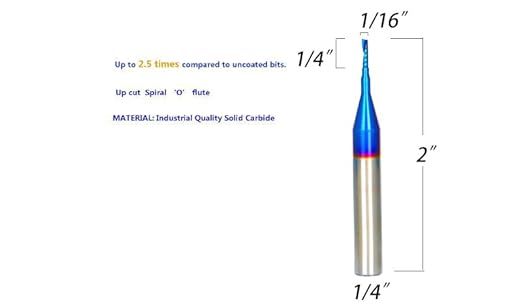 O Single Flute Upcut Spiral End Mill CNC Router Bit with NACO Coating for Acrylic Plastic Cutting with Mirror Finish (5, 1/16 D x 1/4 CH x 1/4 SHK x 2 L)