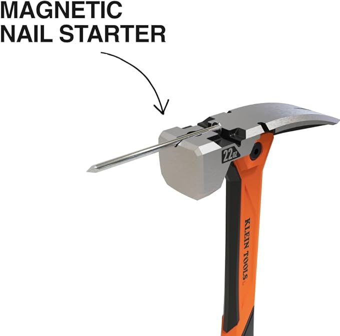 Klein Tools H81022 Anti-Vibration Milled Face Framing Hammer with Straight Claw, 22-Ounce Forged Steel, Magnetic Nail Starter and Extra-Large Squared Strike Face