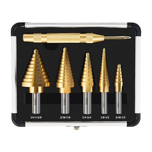 6 PCS Step Drill Bit Set with Automatic Center Punch, 1/8" to 1-3/8", High-Speed Steel Step Drill Bit for Stainless Steel, Metal, Aluminum, Copper, Wood, PVC
