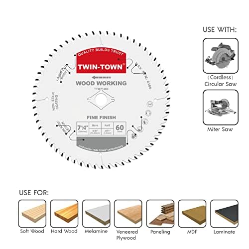 TWIN-TOWN 7-1/4-Inch Saw Blade, 60 Teeth,General Purpose for Soft Wood, Hard Wood, Chipboard & Plywood, 5/8-Inch DMK Arbor