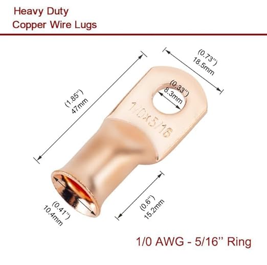 8Pcs 1/0 AWG 3/8" Stud and 8Pcs 1/0 AWG 5/16" Stud Heavy Duty Copper Wire Lugs with 16Pcs Heat Shrink Tubing Ring Terminals 1/0 Gauge Battery Cable Ends Bare Copper Eyelets