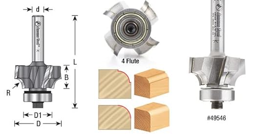 Amana Tool 49547 Carbide Tipped 4 Flute Corner Rounding, Beading, Round-Over Router Bit 1/4 R x 1-1/8 D x 7/16 x 1/4 Inch Shank