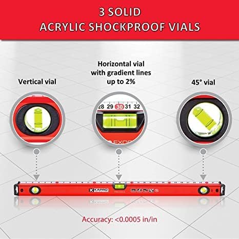 Kapro - 770 Exodus Professional Box Level - 12" - With 45° Vial & Ruler - For Leveling, Measuring, Marking, and Cutting - Features 3 Vials, Precise Straightedge, and Wall-Grip