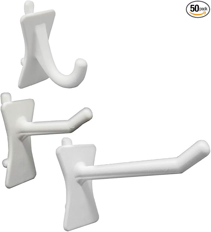 PegPro® J, 1", 2" Hooks Kit for Standard “Wood Fiber” pegboard – Durable Plastic Pegboard Hooks - for Garage, Kitchen, Craft Room, and More (J, 1", 2" Hook - 50 Pack, White)