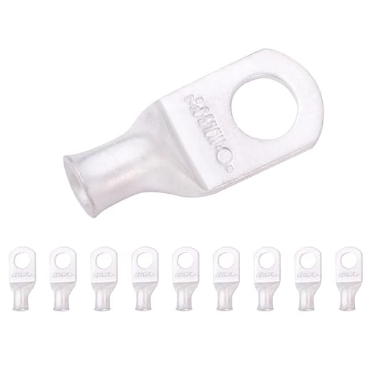 SELTERM 10pcs 6 AWG-5/16 Stud (Wide Pad) Tinned Copper Wire Lugs, Heavy Duty Battery Cable Ends,6 Gauge Ring Terminals, UL Battery Lugs Marine Grade Copper Eyelets Battery Terminal Connectors
