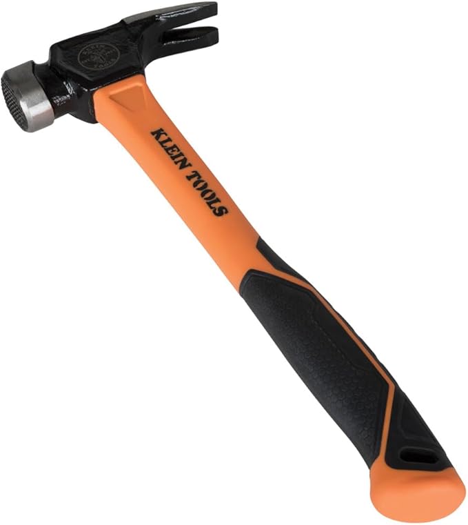 Klein Tools 832-26 Lineman's 26-Ounce Claw Milled Hammer, Fiberglass Handle, Heavy Duty for Utility Poles, Milled Face, High Visibility Orange