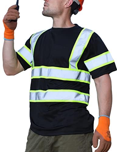 sesafety High Visibility Shirts for Mens Class 3 Hi Vis Reflective Construction Shirts for Men with Pocket Safety T Shirts for Men Work Shirt for Mens Short Sleeve Black Yellow Strips