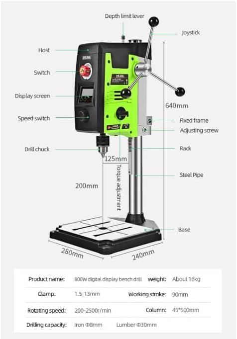 Bench Drill Stand 800W Brushed digital display Mini Electric Bench Drilling Machine Chuck 1.5-16mm 6-Speed Benchtop Drill Press, Spindle Speed: 200-2500r/min