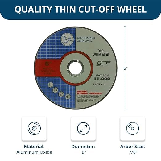 Benchmark Abrasives 6 Inch Aluminum Oxide Fine Grinding Wheel, Gray, for Metal & Stainless Steel, Compatible with Angle Grinder & Die High-Speed Saws, 11000 RPM, 7/8" Arbor, Type 1, 0.045" Thick