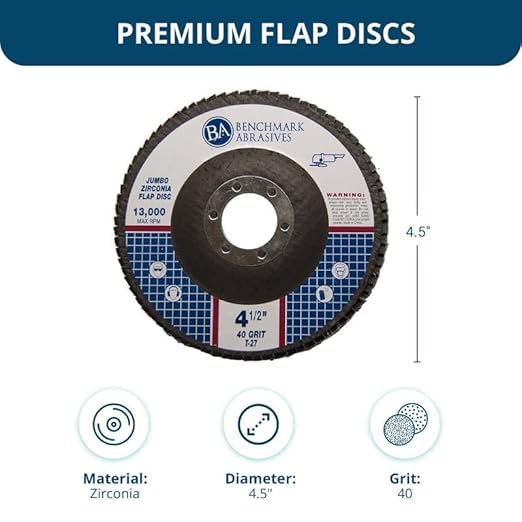 Benchmark Abrasives 4.5" x 7/8" Premium High Density Jumbo Zirconia Type 27 Flap Discs 4 1/2 for Angle Grinder, Sanding Discs, Finishing - Grinding Wheels 4 1/2 inch - (3000 Pack) - 40 Grit