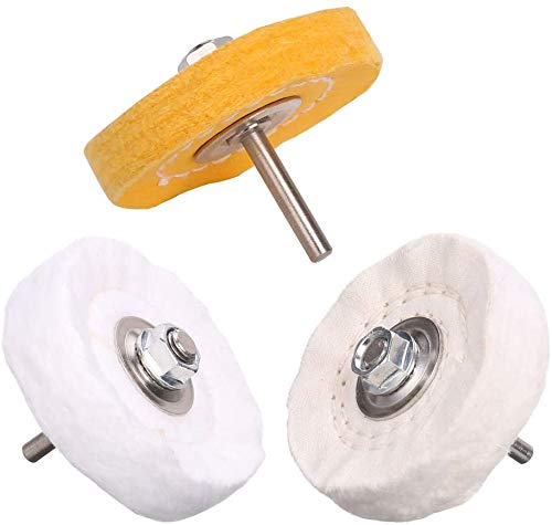SCOTTCHEN 3 Inch Ultra fine Cotton 1 Treated Yellow Cotton 1 Fine Cotton 1 Buffing Polishing Wheel 2/5 inch Arbor Hole for Mini Bench Grinder with one 1/4" Shank for Drill