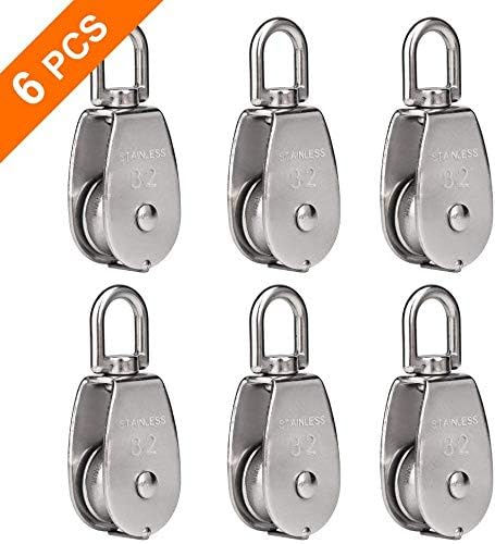 Rocaris 6 Pack M32 Stainless Steel Wire Rope Crane Pulley Block 551lbs Lifting Crane Swivel Hook Single Pulley Block Hanging Wire Towing Wheel