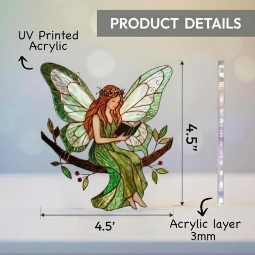 Stained Acrylic Fairy Reading a Book Suncatcher, Decorative Hanging Ornament - Image 2