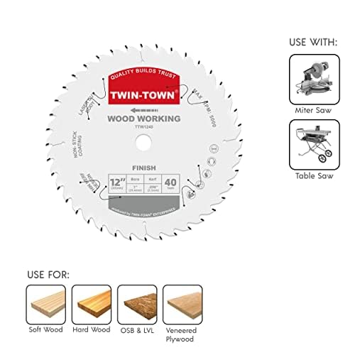 TWIN-TOWN 12-Inch 40-Tooth ATB Fine Finish Wood Cutting Circular Saw Blade, 1 Inch Arbor, Compatible with Table and Miter Saws, Premium Quality Woodworking Saw Blade