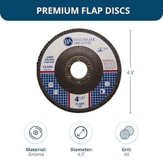 Benchmark Abrasives 4.5" x 7/8" Premium High Density Jumbo Zirconia Type 27 Flap Discs 4 1/2 for Angle Grinder, Sanding Discs, Finishing - Grinding Wheels 4 1/2 inch - (10 Pack) - 60