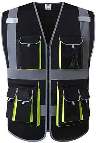 JKSafety 10 Pockets Black Color Safety Vest Zipper Front with High Reflective Strips Meets ANSI/ISEA Standards (88-Black, X-Large)
