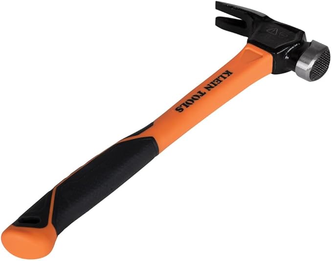 Klein Tools 832-26 Lineman's 26-Ounce Claw Milled Hammer, Fiberglass Handle, Heavy Duty for Utility Poles, Milled Face, High Visibility Orange