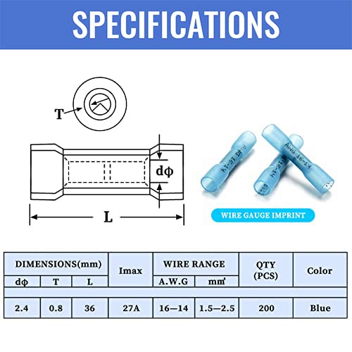 Qibaok 200 PCS Heat Shrink Butt Connectors, Waterproof Insulated Electrical Wire Crimp Connectors Butt Splice Terminal for Automotive Marine Boat Truck Trailer Stereo