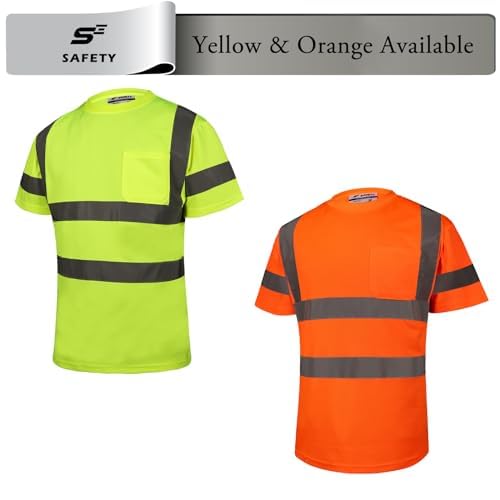 High Visibility Shirts for Men Class 3 Hi Vis Reflective Construction Shirts for Men with Pocket Safety T Shirt for Mens Work Shirt for Mens Short Sleeve Orange