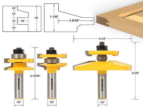 YONICO 3 Bit Raised Panel Cabinet Door Router Bit Set with Back-Cutter Panel Raiser (Shaker - 1/2" Shank)