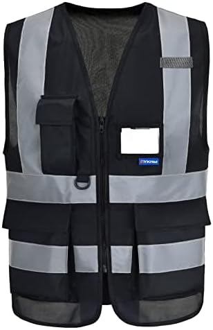 A-SAFETY 7 Pockets Hi Viz Zipper Front Working Safety Vest with Reflective Strips, Multiple Colors Available, Black M