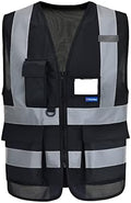 A-SAFETY 7 Pockets Hi Viz Zipper Front Working Safety Vest with Reflective Strips, Multiple Colors Available, Black M