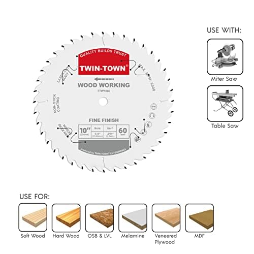 TWIN-TOWN 10-Inch 60-Tooth ATB Fine Finish Wood Cutting Circular Saw Blade, 5/8 Inch Arbor, Compatible with Table and Miter Saws, Premium Quality Woodworking Saw Blade
