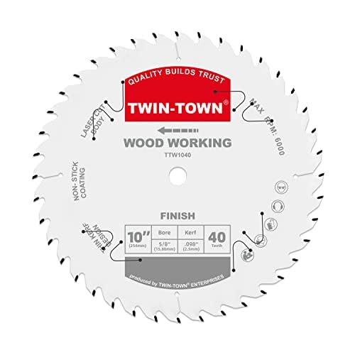 TWIN-TOWN 10-Inch 40-Tooth ATB Fine Finish Wood Cutting Circular Saw Blade, 5/8 Inch Arbor, Compatible with Table and Miter Saws, Premium Quality Woodworking Saw Blade
