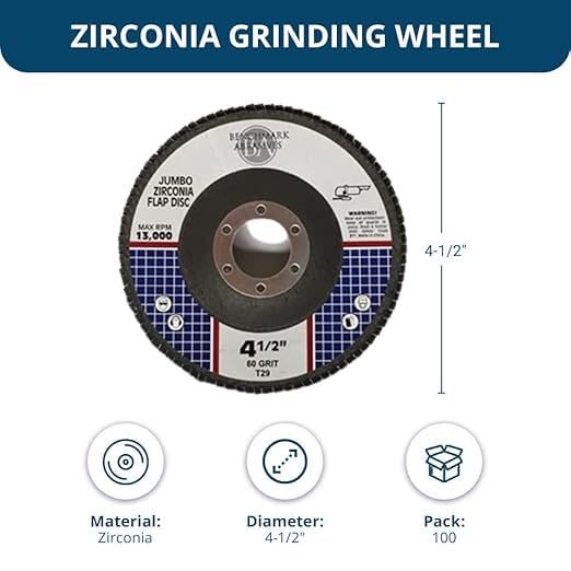 Benchmark Abrasives 4.5" x 7/8" Premium High Density Jumbo Zirconia Type 29 Flap Discs 4 1/2 for Angle Grinder, Sanding Discs, Finishing - Grinding Wheels 4 1/2 Inch (100 Pack) - 60 Grit