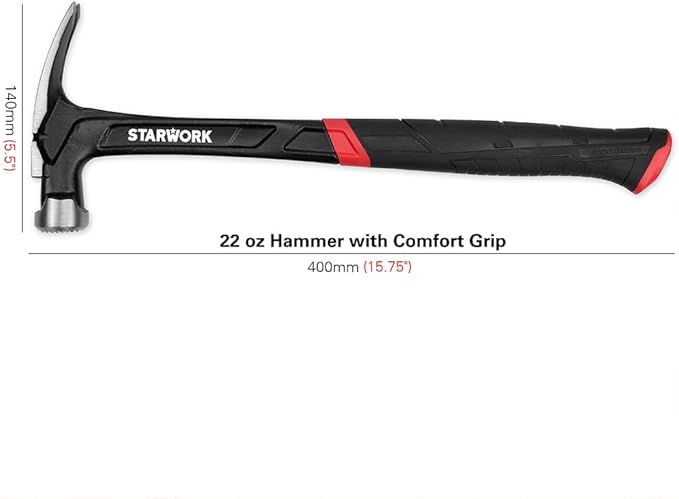 TRUE MECHANIC™ 22oz Hammer with Comfort Grip, Nailing Hammer Steel Head Steel Handle, AntiVibe, Rip Claw