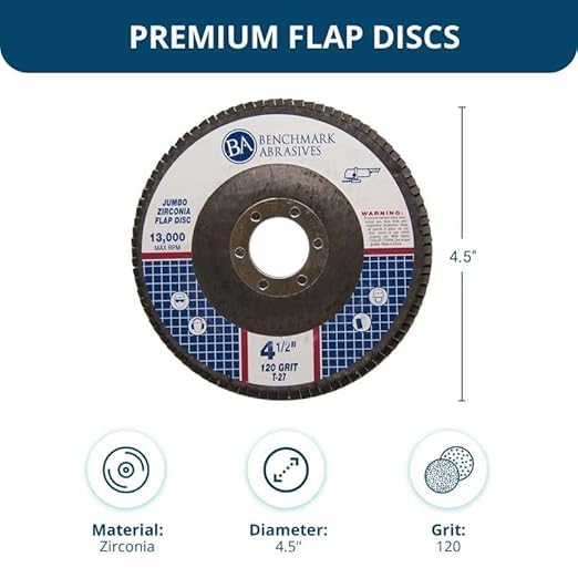 Benchmark Abrasives 4.5" x 7/8" Premium High Density Jumbo Zirconia Type 27 Flap Discs 4 1/2 for Angle Grinder, Sanding Discs, Finishing - Grinding Wheels 4 1/2 inch - (10 Pack) - 120
