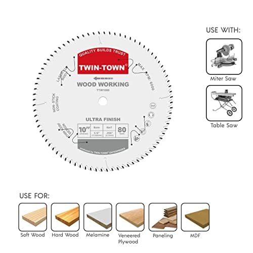 TWIN-TOWN 10-Inch 80-Tooth ATB Fine Finish Wood Cutting Circular Saw Blade, 5/8 Inch Arbor, Compatible with Table and Miter Saws, Premium Quality Woodworking Saw Blade