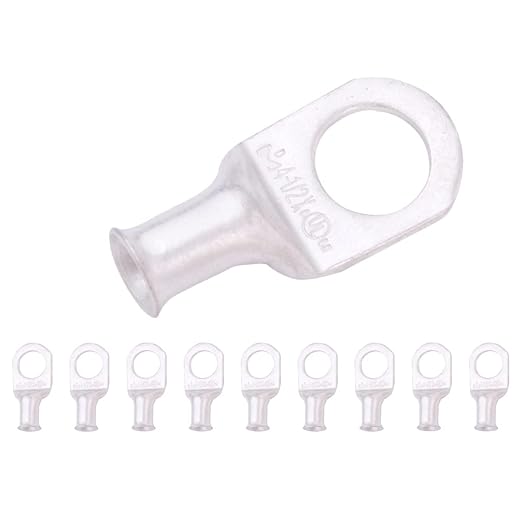SELTERM 10pcs 4 AWG-1/2 Stud Tinned Copper Wire Lugs, Heavy Duty Battery Cable Ends,4 Guage Ring Terminals, UL Battery Lugs Marine Grade Copper Eyelets Electrical Battery Terminal Connectors
