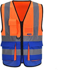 A-SAFETY High Visibility Safety Vest with 7 Pockets Multi Frontal Pockets Lighetweight Safety Vest with Reflective Strips and Zipper, Orange&Blue Color Mixed, XXXL