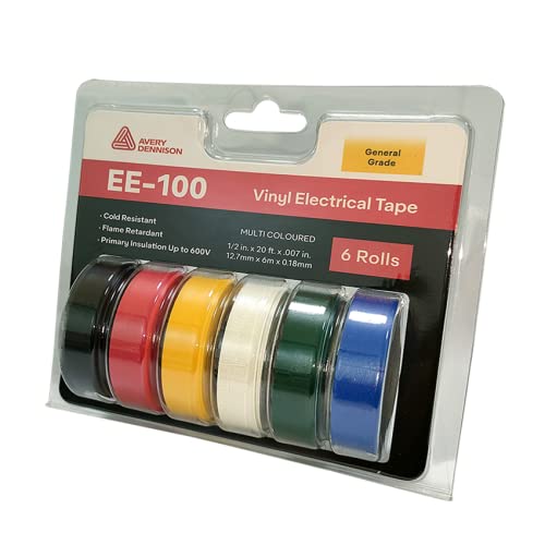 Avery Dennison Electrical Tape, 6 Rolls General Use PVC Electric Tape, UL/CSA Listed 3/4 in x 66 ft Insulating Vinyl Tape for Electrical, Repairs, Automotive and Equipment, EE-100, Multi Colored