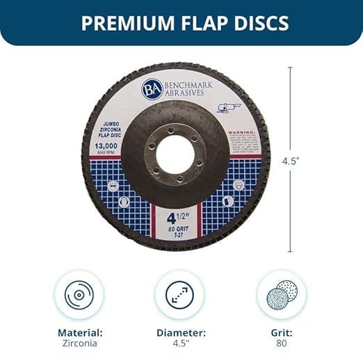 Benchmark Abrasives 4.5" x 7/8" Premium High Density Jumbo Zirconia Type 27 Flap Discs 4 1/2 for Angle Grinder, Sanding Discs, Finishing - Grinding Wheels 4 1/2 inch - (10 Pack) - 80