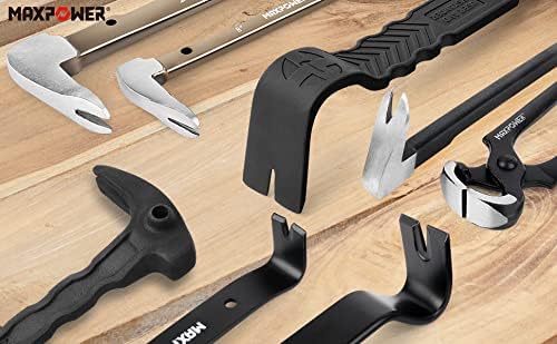 MAXPOWER 2Pcs Pry Bar Set, Heavy Duty Flat Pry Bar 15-inch and Claw Nail Puller 12-inch, Strikable Head and Full Body Drop Forged Crowbar Tools