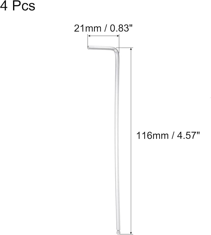 TOP-VIGOR 4Pcs 3/32" Ball End Hex Key Wrench, L Shaped Long Arm Allen Wrench for Household DIY, Professional Machine Repairing, CR-V