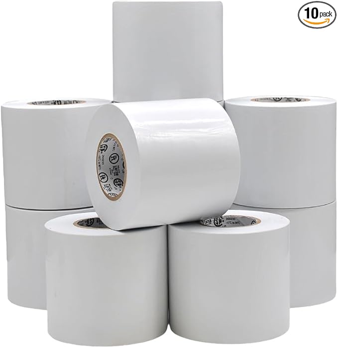 WOD ETC766 Professional Grade General Purpose White Electrical Tape UL/CSA Listed core. Vinyl Rubber Adhesive Electrical Tape: 3 inch X 66 ft - Use at No More Than 600V & 176F (Pack of 10)
