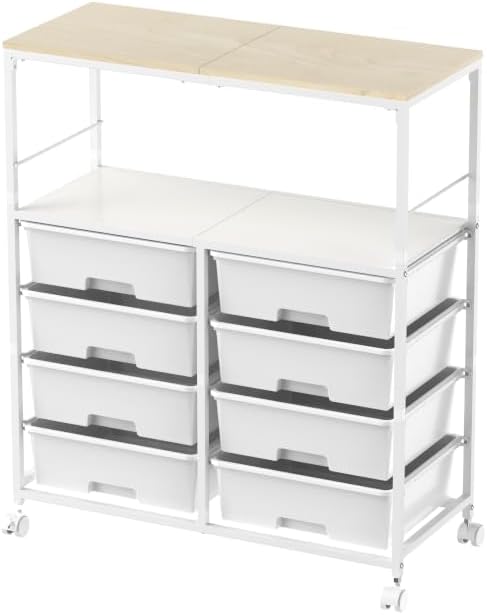 Rolling cart with 8 drawers, Storage drawer cart with wooden tabletop, Lockable by APEXCHASER