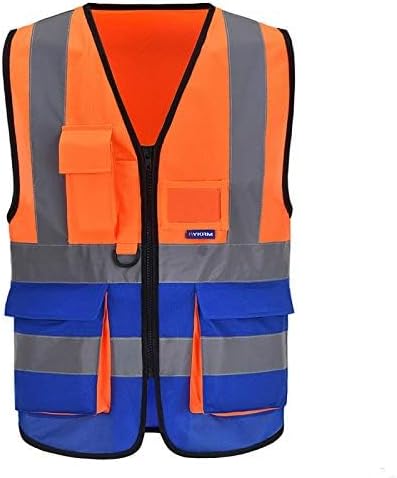 A-SAFETY Industrial Safety Vest, Hi Vis 9 Pockets High Visibility Zipper Front Reflective Safety Vest, Orange&Blue Color Mixed, XL