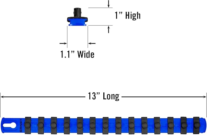 Ernst Manufacturing - 8418M-Blue-3/8 13-Inch Magnetic Socket Organizer with 14 3/8-Inch Twist Lock Clips, Blue