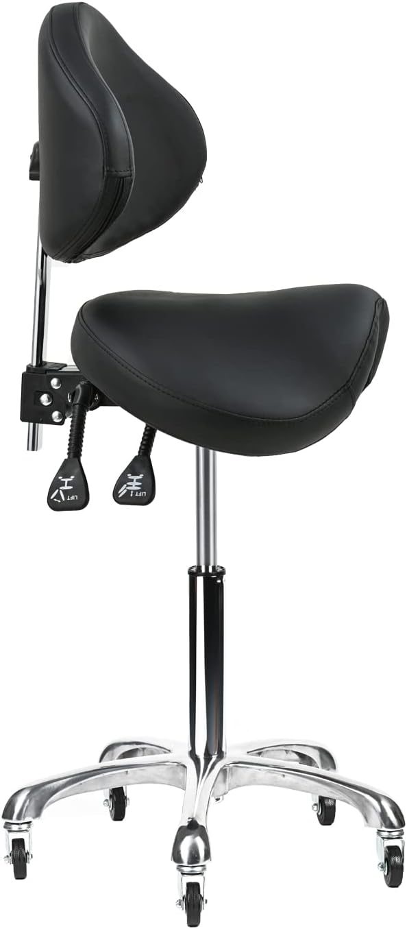 Saddle Stool Rolling Chair with Back Support Swivel Adjustable Height Ergonomic Thick Seat Cushion with Wheels for Nail Lash Tech Esthetician Tattoo Artist Salon Hair Cutting Stylist Black
