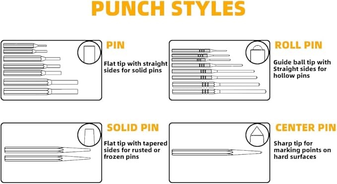 BESTNULE Punch Set, Roll Pin Punch Set, Punch Tools, Made of Solid Material Including Steel Center Punch and Nail Punch with Beech Block, Ideal for Machinery Maintenance