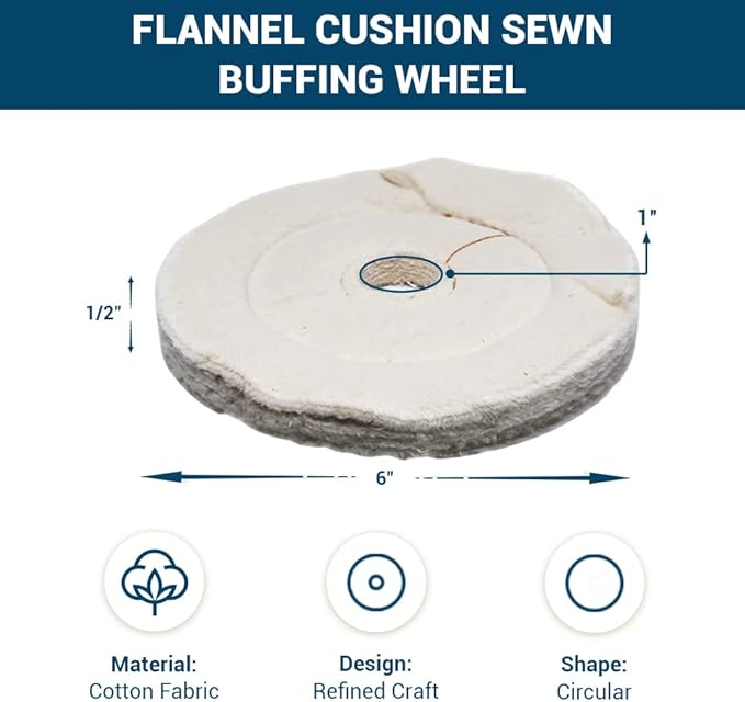 Benchmark Abrasives 6" Flannel Cushion Sewn Buffing Polishing Wheel for Bench Grinder with 1/4" Mandrel, for Polishing Finishing Smoothing on Aluminum, Stainless Steel (Flannel Cushion)