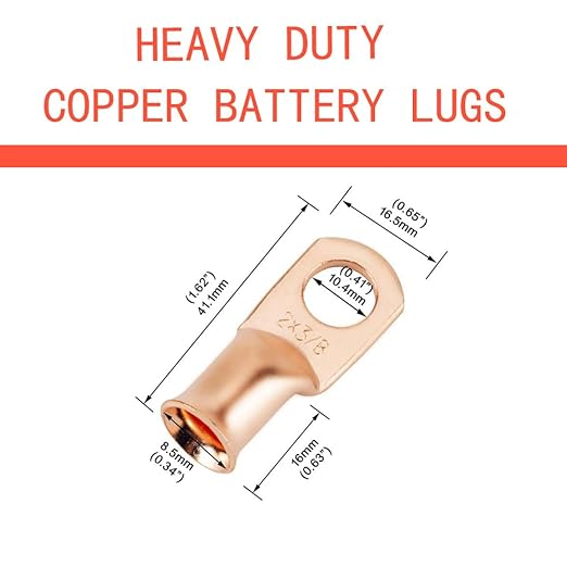 16pcs 2 AWG 3/8" Stud Heavy Duty Copper Wire Lugs with 16Pcs Heat Shrink Tubing 2 Gauge Battery Cable Lugs Cable Lugs Bare Copper Eyelets Tubular Ring Terminal Connectors