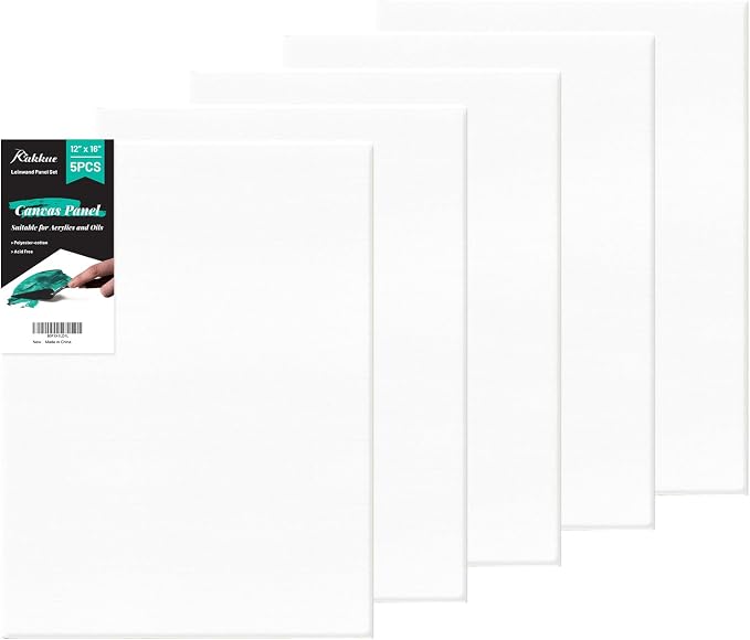 Canvas Boards 5-Pack 12"x16" – Flat Canvas Panels, Primed Polyester-Cotton by KAKKUE