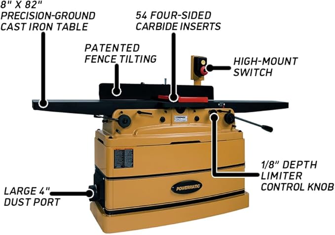 Powermatic ArmorGlide 8-Inch Parallelogram Jointer, Helical Cutterhead, 2 HP, 230V 1Ph (Model PJ-882HHT)