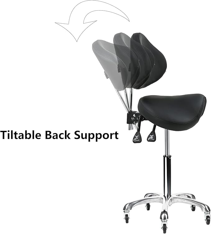 Saddle Stool Rolling Chair with Back Support Swivel Adjustable Height Ergonomic Thick Seat Cushion with Wheels for Nail Lash Tech Esthetician Tattoo Artist Salon Hair Cutting Stylist Black